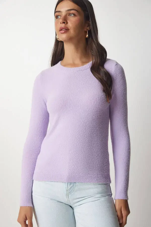 Women's Lilac Bearded Basic Knit Sweater MX00116-Lilac - 4