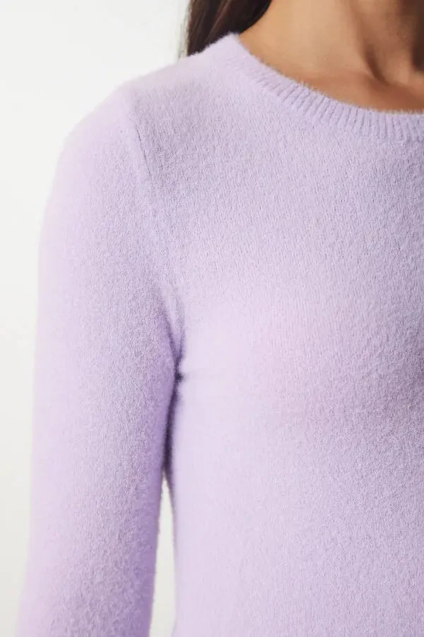Women's Lilac Bearded Basic Knit Sweater MX00116-Lilac - 5