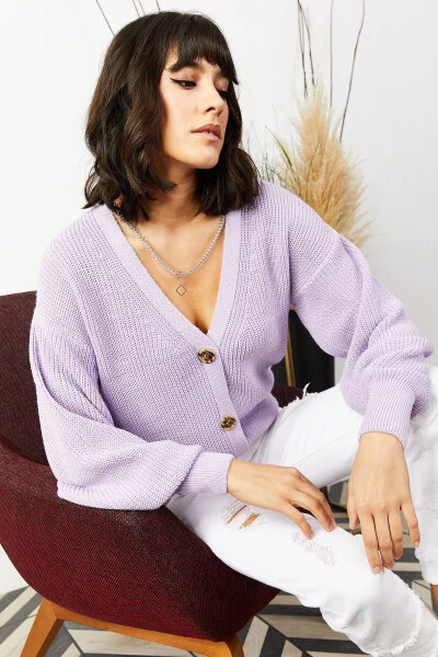 Women's Lilac Button-Down Cardigan HRK-19000097 - OLALOOK (1)