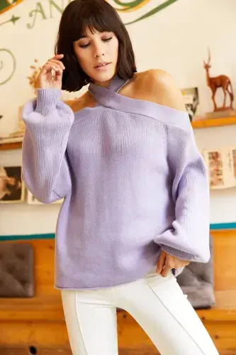 Women's Lilac Cross Collar Knit Sweater KZK-19000192-Lilac - OLALOOK (1)
