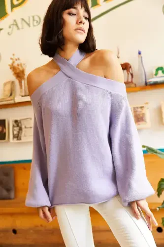 Women's Lilac Cross Collar Knit Sweater KZK-19000192-Lilac - 6