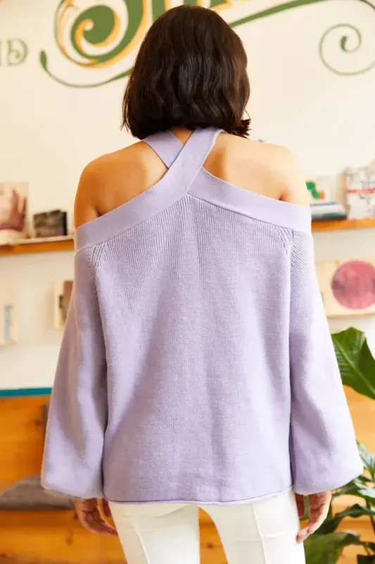 Women's Lilac Cross Collar Knit Sweater KZK-19000192-Lilac - 7