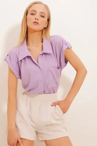Women's Lilac Cuffed Double Short Sleeve Textured Shirt - TREND ALAÇATI STILI (1)