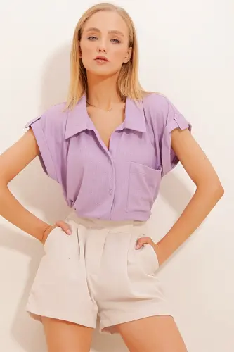Women's Lilac Cuffed Double Short Sleeve Textured Shirt - 4