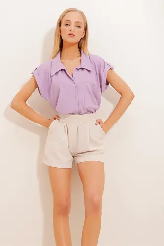 Women's Lilac Cuffed Double Short Sleeve Textured Shirt - 5