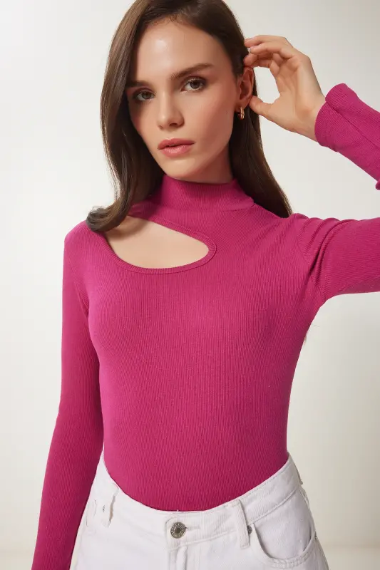 Women's Lilac Cut Out Detailed Ribbed Knit Blouse GT00065-Lilac - 1