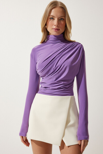 Women's Lilac Gathered Detail Stand-Up Collar Sandy Blouse FF001 - 3