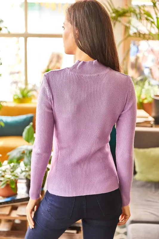 Women's Lilac Half Turtleneck Zigzag Textured Soft Knit Sweater KZK-19000447-Lilac - 6