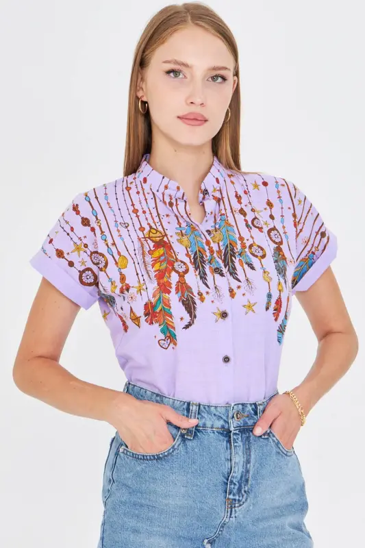 Women's Lilac Mandarin Collar Short Sleeve Shirt ARM-25Y001040-Lilac - ARMONIKA