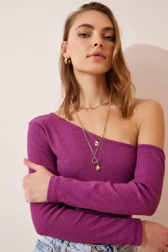 Women's Lilac Open Shoulder Ribbed Knit Blouse TG00011-Lilac - HAPPINESS İSTANBUL (1)