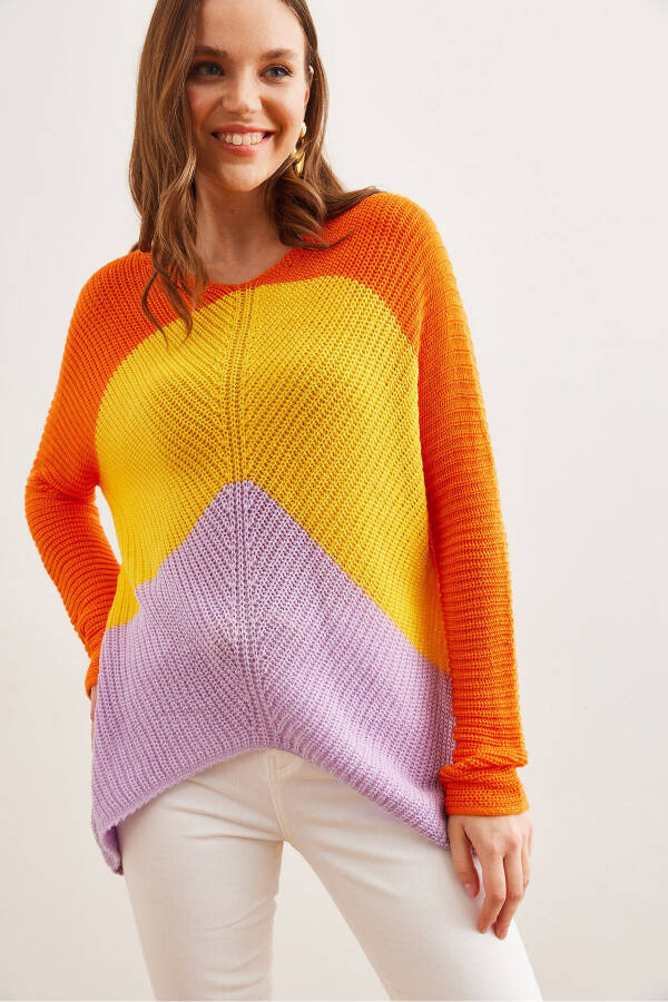 Women's Lilac Orange Color Block Sweater KZK-19000920 - 4