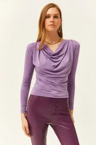 Women's Lilac Padded Shoulder Pleated Cowl Neck Blouse BLZ-19002419-Lilac - OLALOOK (1)