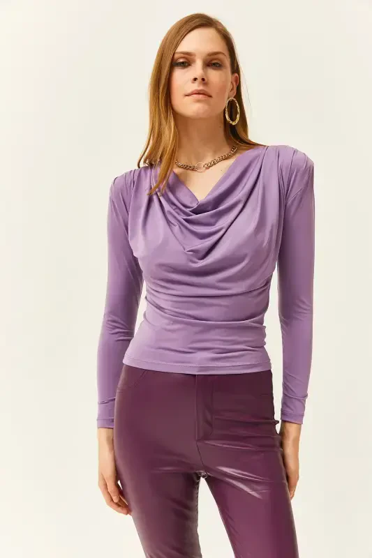 Women's Lilac Padded Shoulder Pleated Cowl Neck Blouse BLZ-19002419-Lilac - 4