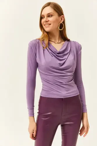 Women's Lilac Padded Shoulder Pleated Cowl Neck Blouse BLZ-19002419-Lilac - 5