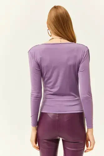 Women's Lilac Padded Shoulder Pleated Cowl Neck Blouse BLZ-19002419-Lilac - 6