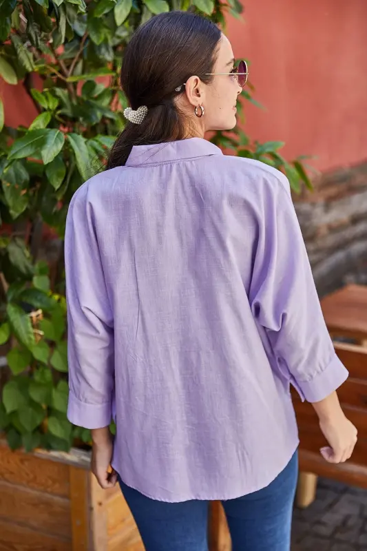 Women's Lilac Pocketed Loose Fit Linen Shirt ARM-21Y001035-Lilac - 3