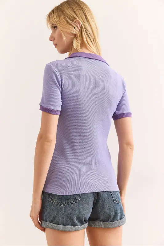 Women's Lilac Purple Polo Neck Color Detailed Flexible Cotton - 3