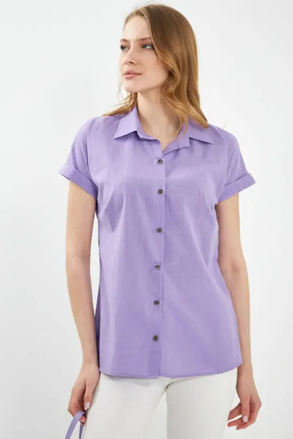 Women's Lilac Short Sleeve Linen Blouse ARM-24Y001038 - 1