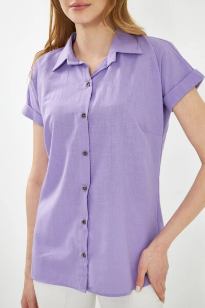 Women's Lilac Short Sleeve Linen Blouse ARM-24Y001038 - ARMONIKA (1)