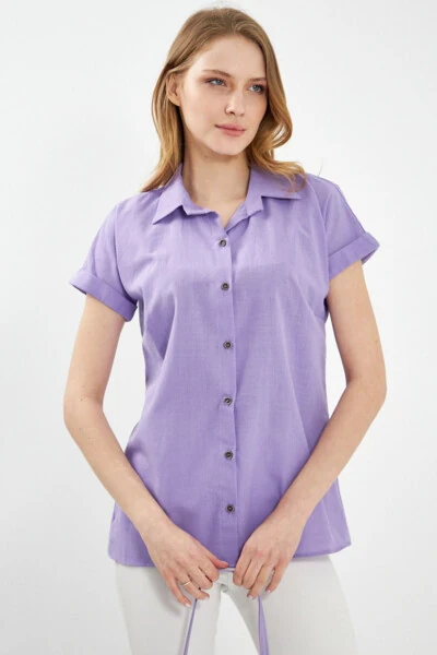 Women's Lilac Short Sleeve Linen Blouse ARM-24Y001038 - 3