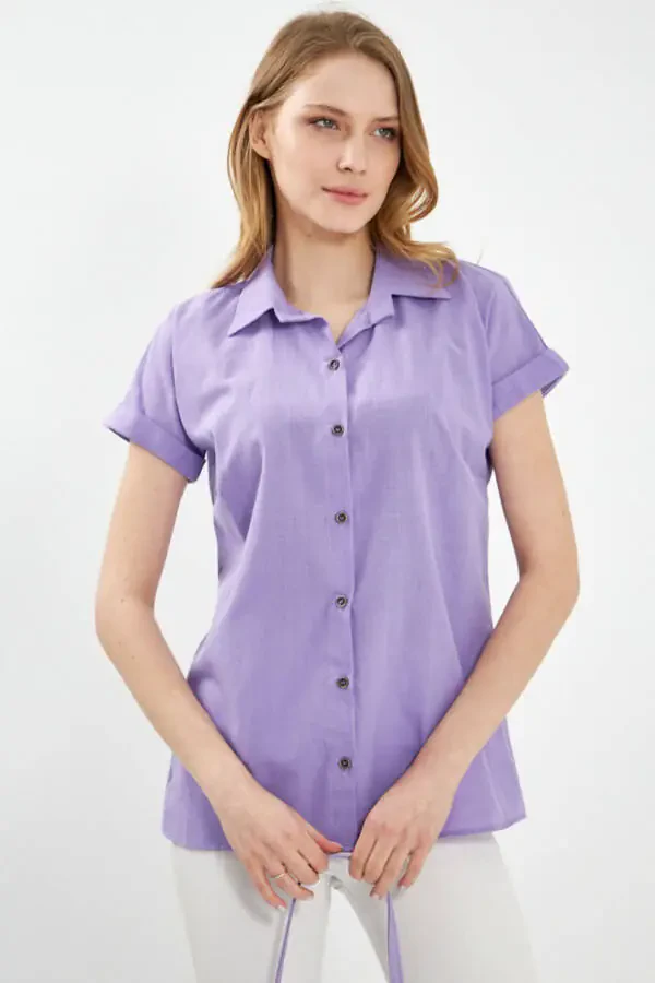 Women's Lilac Short Sleeve Linen Blouse ARM-24Y001038 - 3