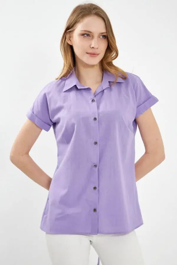 Women's Lilac Short Sleeve Linen Blouse ARM-24Y001038 - 4