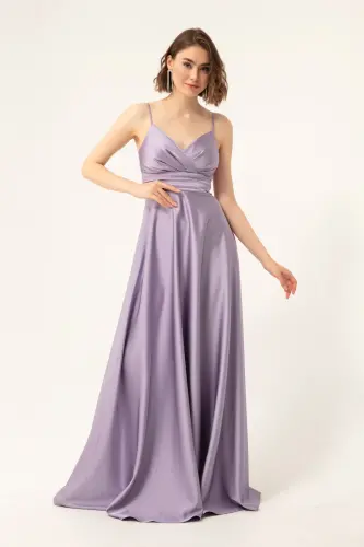 Women's Lilac Spaghetti Strap Belted Waist Satin Long Evening & Graduation Dress-Lilac - 9