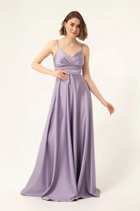 Women's Lilac Spaghetti Strap Belted Waist Satin Long Evening & Graduation Dress-Lilac - 9