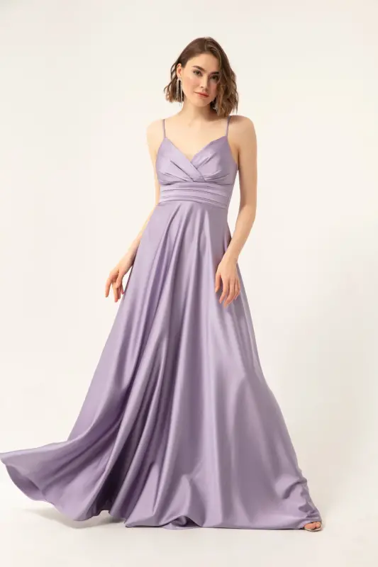 Women's Lilac Spaghetti Strap Belted Waist Satin Long Evening & Graduation Dress-Lilac - 10