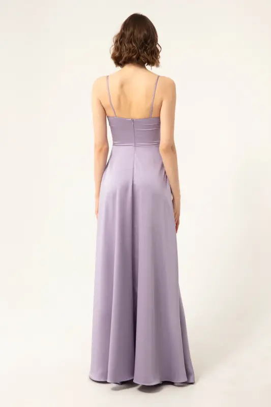 Women's Lilac Spaghetti Strap Belted Waist Satin Long Evening & Graduation Dress-Lilac - 12