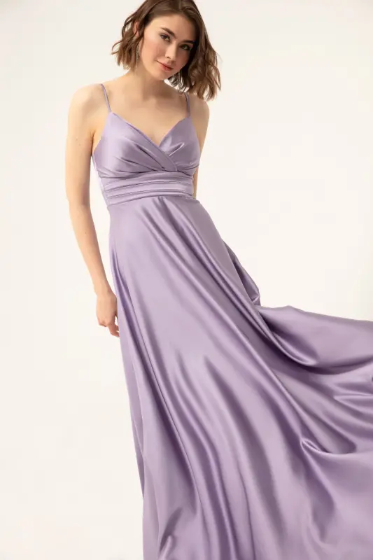 Women's Lilac Spaghetti Strap Belted Waist Satin Long Evening & Graduation Dress-Lilac - LAFABA