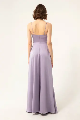 Women's Lilac Spaghetti Strap Belted Waist Satin Long Evening & Graduation Dress-Lilac - 5