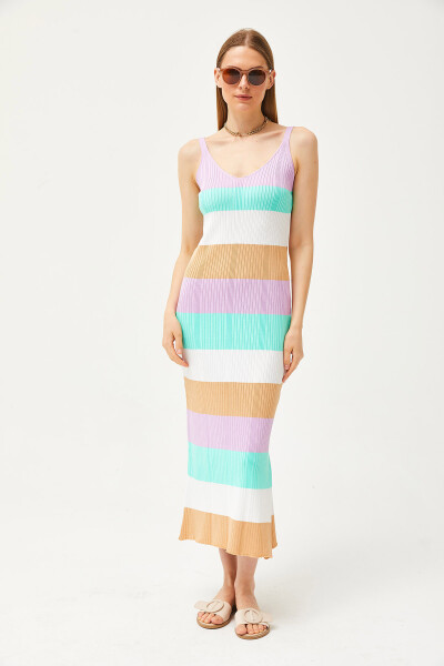 Women's Lilac Strapless Striped Side Slit Knit Dress ELB-19002069 - 2