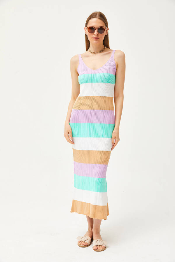 Women's Lilac Strapless Striped Side Slit Knit Dress ELB-19002069 - 2