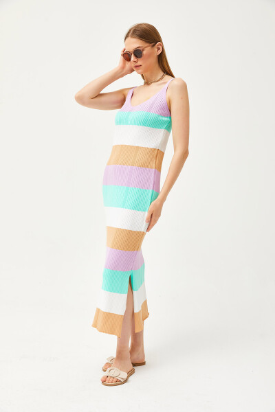 Women's Lilac Strapless Striped Side Slit Knit Dress ELB-19002069 - 3