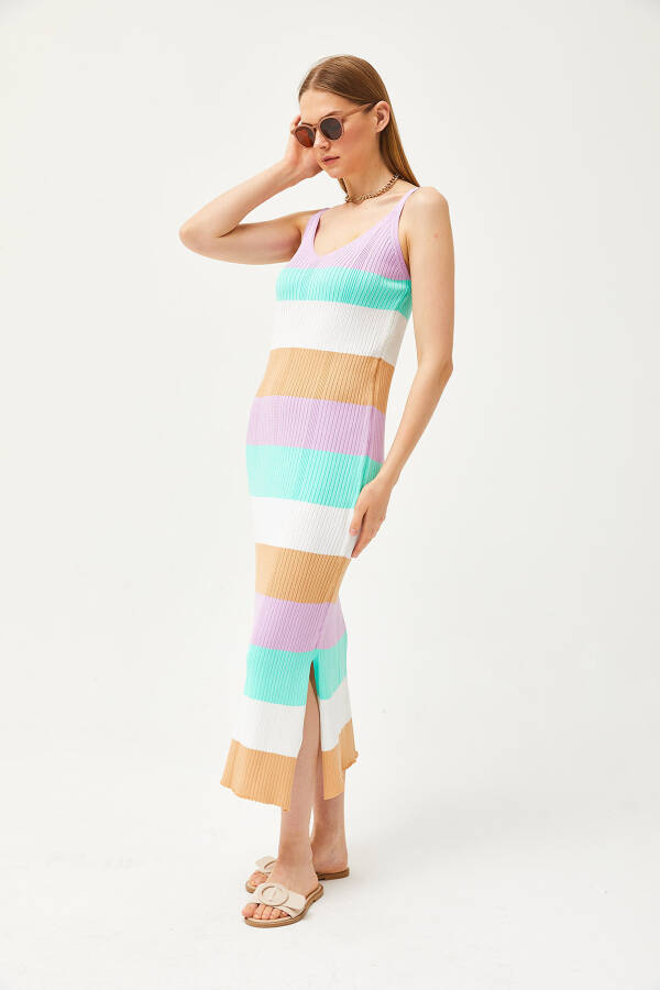 Women's Lilac Strapless Striped Side Slit Knit Dress ELB-19002069 - 3