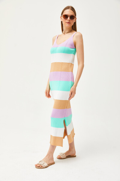 Women's Lilac Strapless Striped Side Slit Knit Dress ELB-19002069 - 4
