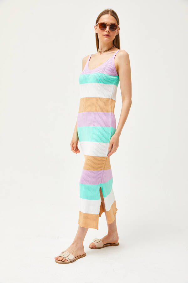 Women's Lilac Strapless Striped Side Slit Knit Dress ELB-19002069 - 4