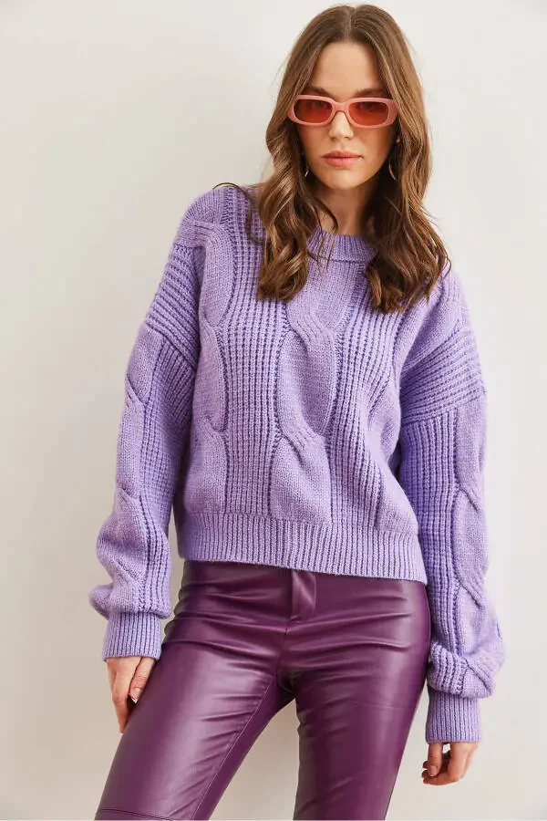 Women's Lilac Thick Hair Knit Soft Texture Cardigan KZK-19000902 - 3