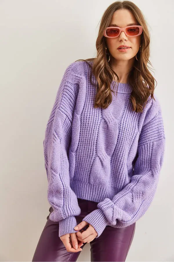 Women's Lilac Thick Hair Knit Soft Texture Cardigan KZK-19000902 - 4