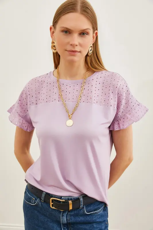 Women's Lilac Top with Frill Sleeve Detail BLZ-19000979-Lilac - 1