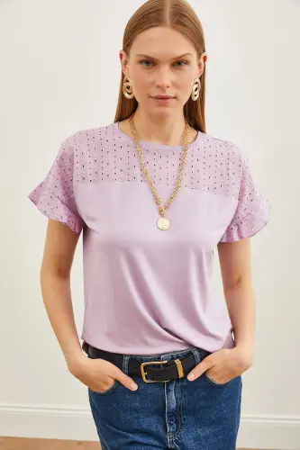 Women's Lilac Top with Frill Sleeve Detail BLZ-19000979-Lilac - 3