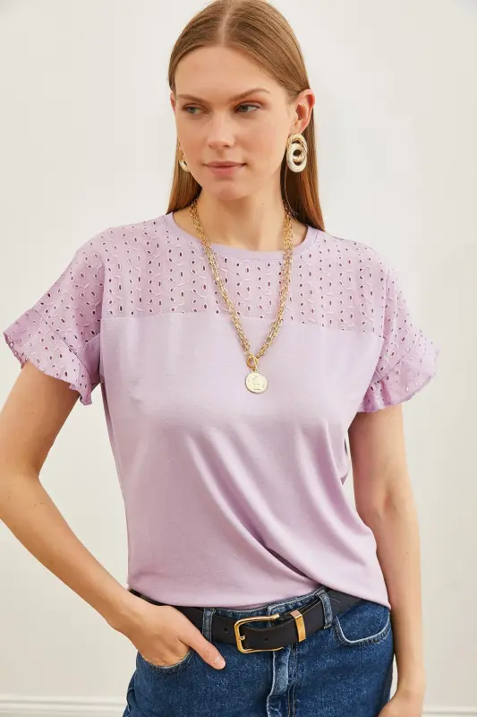 Women's Lilac Top with Frill Sleeve Detail BLZ-19000979-Lilac - 4