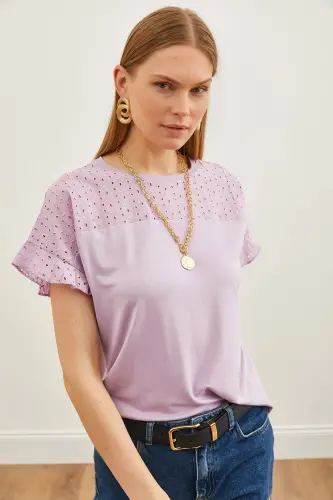 Women's Lilac Top with Frill Sleeve Detail BLZ-19000979-Lilac - 5