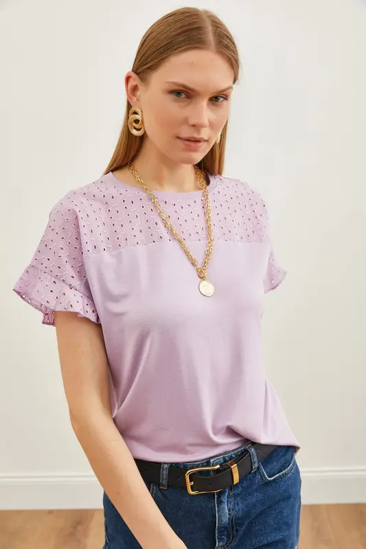 Women's Lilac Top with Frill Sleeve Detail BLZ-19000979-Lilac - 5