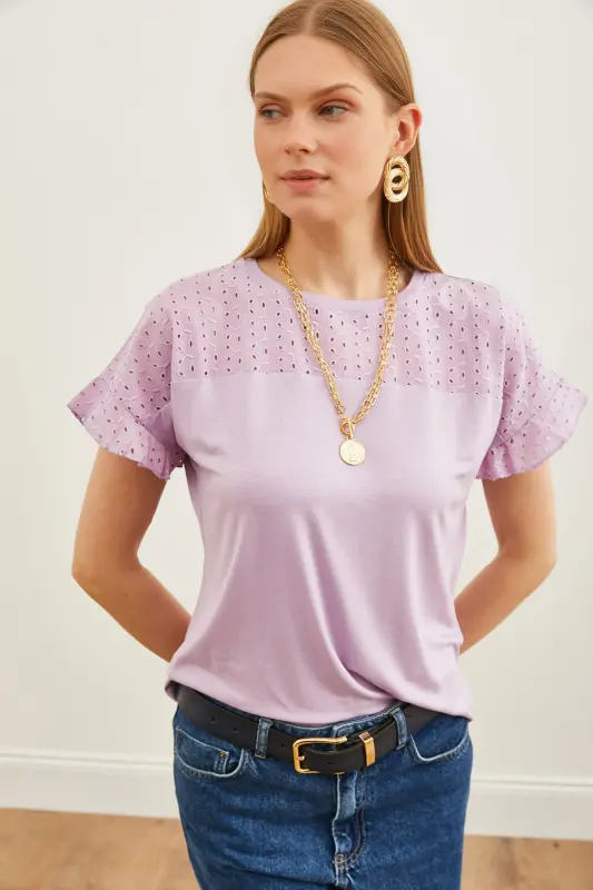 Women's Lilac Top with Frill Sleeve Detail BLZ-19000979-Lilac - 6