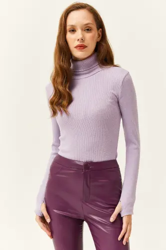 Women's Lilac Turtleneck Finger Detailed Lycra Blouse BLZ-19001644-Lilac - 2
