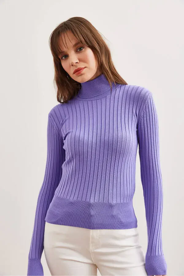Women's Lilac Turtleneck Thick Ribbed Knitted Sweater KZK-19000872 - 2