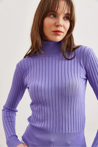 Women's Lilac Turtleneck Thick Ribbed Knitted Sweater KZK-19000872 - 6