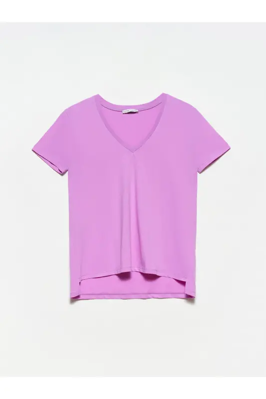 Women's Lilac V-Neck Basic T-Shirt 101A03470-Lilac - 2